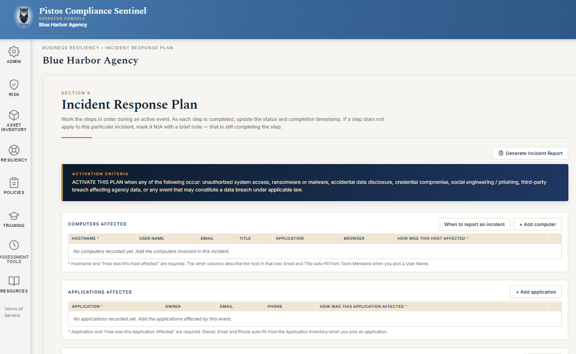 The PCS incident response plan: activation criteria, affected computers and applications, and step-by-step actions that record who did what and when.