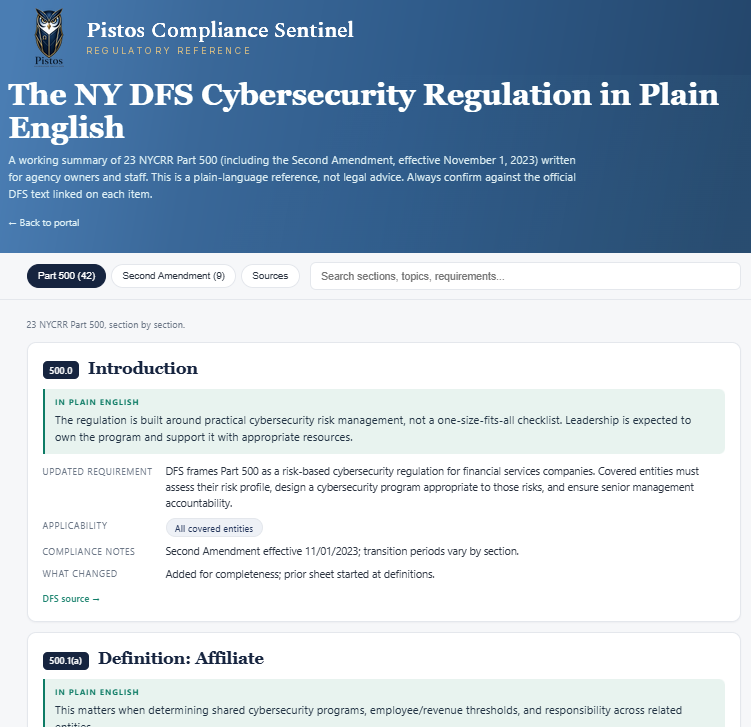 PCS showing 23 NYCRR Part 500 restated in plain English, section by section, with applicability and compliance notes.