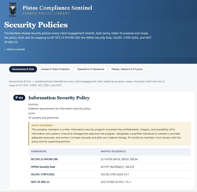 The PCS shared policy library: each policy with its purpose, scope, policy statement, and mapped references to NY DFS, HIPAA, ISO 27001 and NIST.
